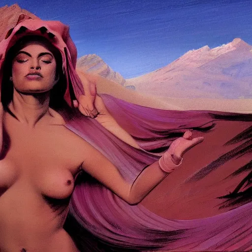 Image similar to Silk sheet desert ecstasy Bedouin under crimson azure diamond sky, in the style of Frank Frazetta, Jeff Easley, Caravaggio, extremely clear and coherent, clear lines, 8K revolution