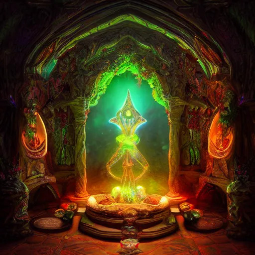 Image similar to Photorealistic magic elven shrine of the elf goddess. Hyperdetailed photorealism, 108 megapixels, amazing depth, glowing rich colors, powerful imagery, psychedelic Overtones, 3D finalrender, 3d shading, cinematic lighting, artstation concept art