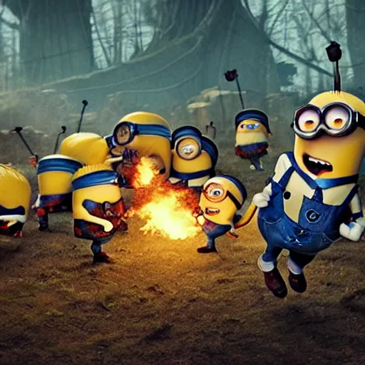 Image similar to POV of a group of minions chasing you and trying to eat you. The minions are carrying torches and pitchforks. The minions are very angry. concept art, sharp lighting, 4k, detailed, Peter Jackson, Ridley Scott, bright colors