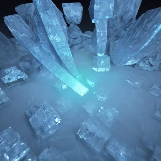 Prompt: subtle glowing crystal, 3d render, resting on the ground of a cerulean cave, walls of ice and bone, realistic, anime inspired, high octant render, smooth lighting,