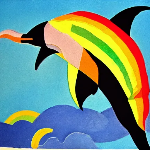 Prompt: the grim reaper riding a dolphin that is jumping over a rainbow, by mary blair,