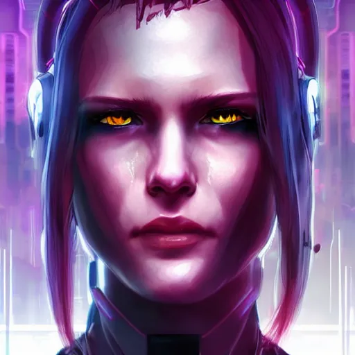 Image similar to cyberpunk character portrait in the style of thomas river and artgerm, lean face, cinematic lighting, sci - fi background, watercolor, low detail