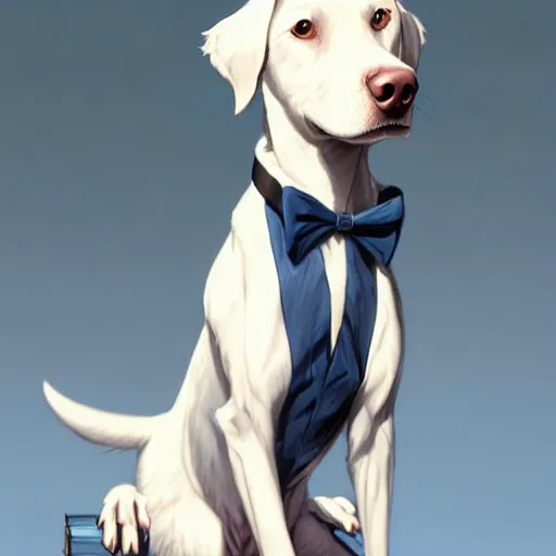 Prompt: a half human half white dog creature wearing a blue tuxedo suit,Character design by charlie bowater, ross tran, artgerm, and makoto shinkai, detailed, inked, western comic book art, 2021 award winning painting,digital art,ultra realistic,ultra detailed,art by greg rutkowski,hyperdetailed,photorealistic