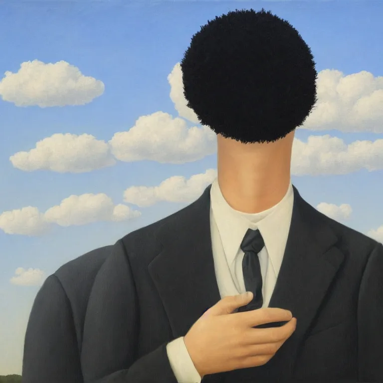 Image similar to portrait of a faceless shadow - head man with long messy fuzzy hair in a suit, clouds in the background, by rene magritte, detailed painting, distance, middle centered, hd, hq, high resolution, high detail, 4 k, 8 k