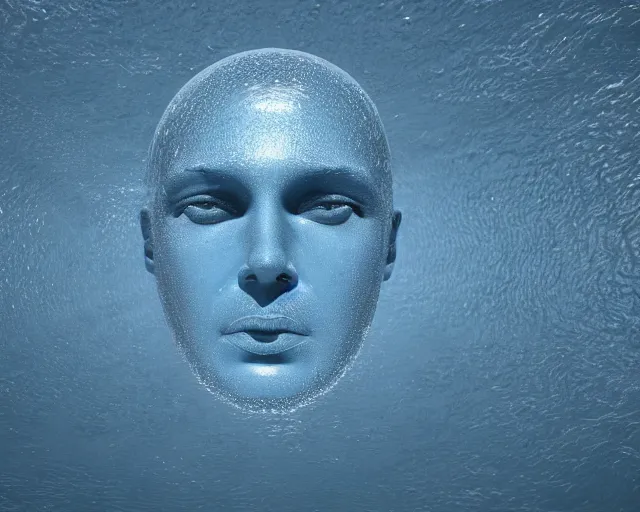 Prompt: a giant sculpture of an abstract human head on the surface of the ocean, award winning, hyper - realistic, very detailed, realistic water, ray tracing, 8 k resolution, long - shot, sharp focus, low angle, 8 5 mm photograph, wide lens