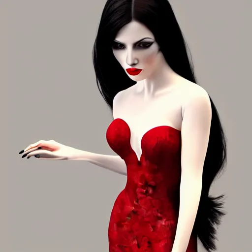 Prompt: complex 3 d render, ultra detailed, realistic photo of a beautiful porcelain skin woman, black long hair, full body, wearing dress, detailed almond eyes shape, red lipstick, plump lips, beautiful, studio photo, proportional