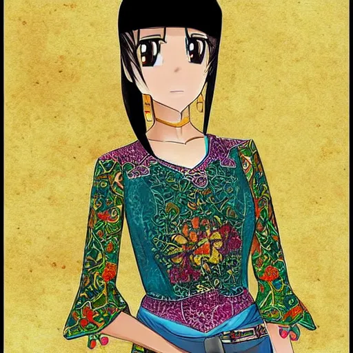 Image similar to “Confident woman in Central Asian clothes, Anime style”