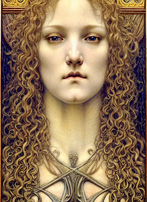 Image similar to detailed realistic beautiful young medieval queen face portrait by jean delville, gustave dore and marco mazzoni, art nouveau, symbolist, visionary, gothic, pre - raphaelite. horizontal symmetry