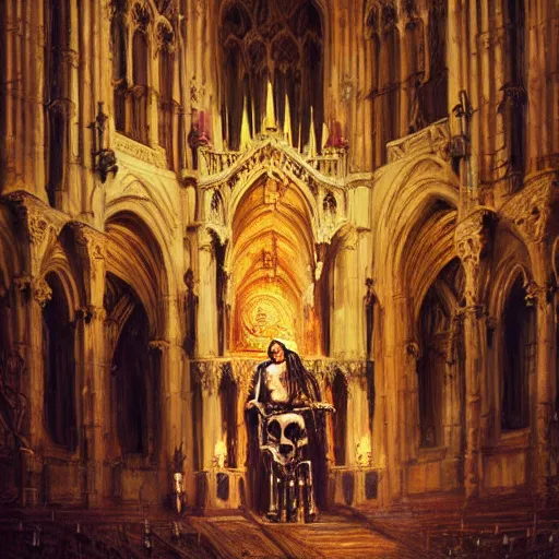 Prompt: Human skeleton king resting on his throne inside a cathedral, oil painting, by Fernanda Suarez and Greg Rutkowski