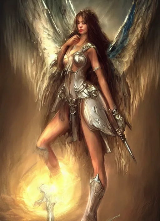 Image similar to concept art, angel knight girl. by artstation trending, by joseph mallord william turner, luis royo, konstantin razumov, cinematic lighting, highly detailed