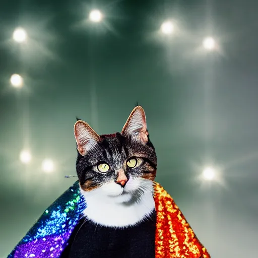 Prompt: a high - quality photo of a cat wearing a sequined designer cloak, hyperrealistic, textured, animal portrait, dark ( ( rainbow ) ), bokeh, f 2. 8