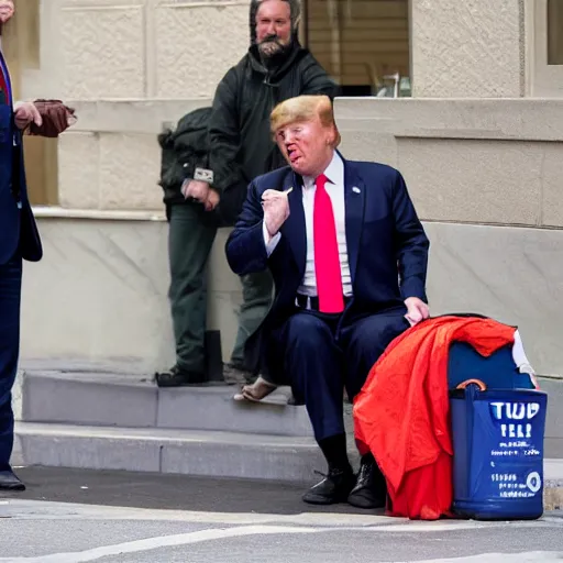 Image similar to donald trump dressed as a homeless man asking for money on the streets