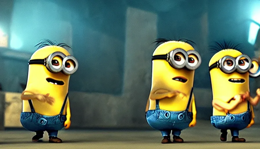 Image similar to fight!! club!!!!, fight!! club!!!! ((((the minions)))), movie still, directed by David fincher