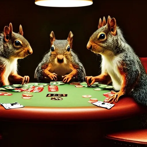 Prompt: still picture of a meeting of squirrels playing poker, high tension, in public, dramatic lighting, perfect movie shot, macro