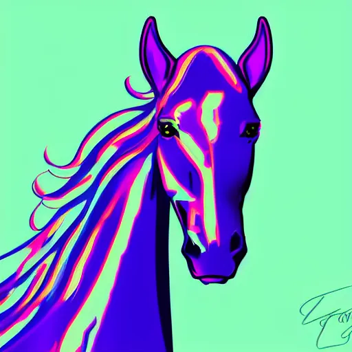 Image similar to digital horse, synthwave palette, highly detailed, anatomically correct equine, retro feel, portrait, digital art