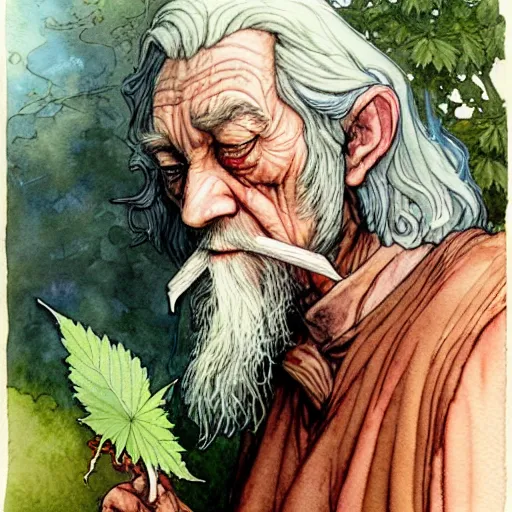 Image similar to a realistic and atmospheric watercolour fantasy character concept art portrait of gandalf with red eyes smoking a huge blunt looking at the camera with a marijuana leaf nearby by rebecca guay, michael kaluta, charles vess and jean moebius giraud