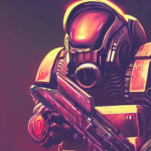 Image similar to doom slayer, synthwave, retrowave, hyper realism, detailed, colorful background, digital painting