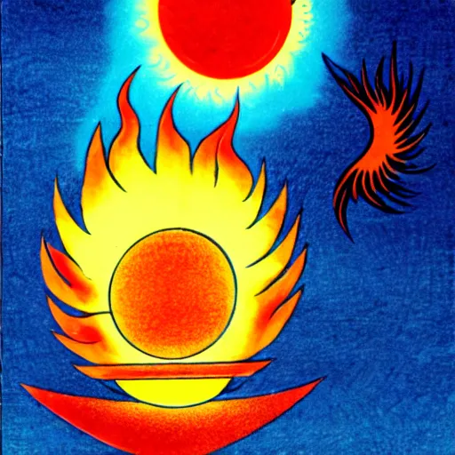 Image similar to Japanese art, phoenix in fire, sun, flowers, Venus, feminism, eggs