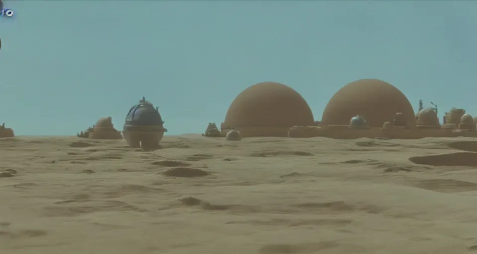 Image similar to wide shot tatooine landscape obi wan in Star Wars a new hope 1977 by studio ghibli, Miyazaki, animation, highly detailed, 70mm