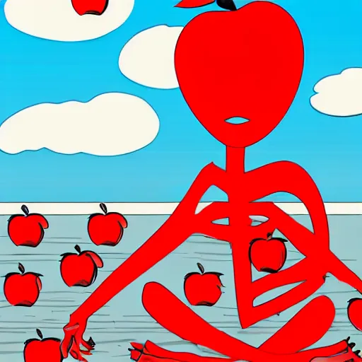 Prompt: Red apple with human crossed legs, cartoon y