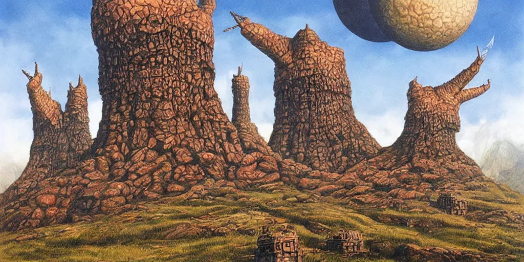 Image similar to artwork of the twin fortress by terry oakes, by erol otus