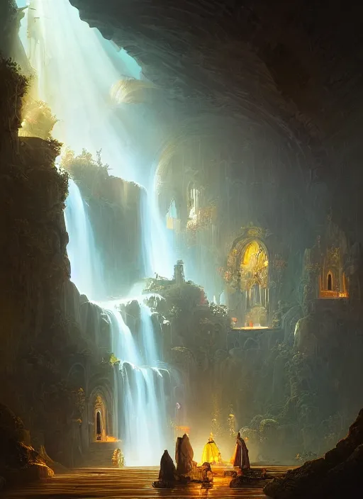 Image similar to Detailed Interior of Monastery Ruins, Waterfall walls, light of god, light shafts, candles, stunning atmosphere, in Style of Peter Mohrbacher, cinematic lighting