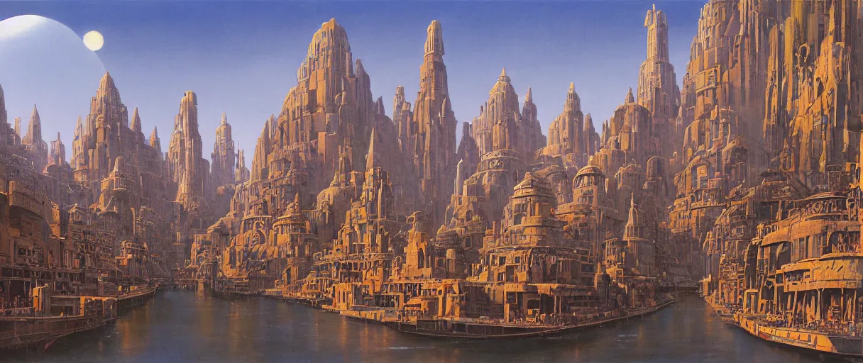 Prompt: A beautiful illustration of an ancient canal city of massive scale architecture by Robert McCall and Ralph McQuarrie | sparth:.2 | Time white:.2 | Rodney Matthews:.2 | Graphic Novel, Visual Novel, Colored Pencil, Comic Book:.3 | unreal engine:.3 | first person perspective | viewed from below | establishing shot