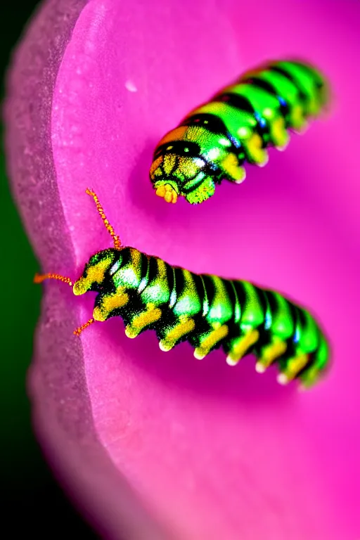 Image similar to high quality macro photo iridescent translucent caterpillar! gorgeous highly detailed david ligare elson peter cinematic pink lighting high quality low angle hd 8k sharp shallow depth of field