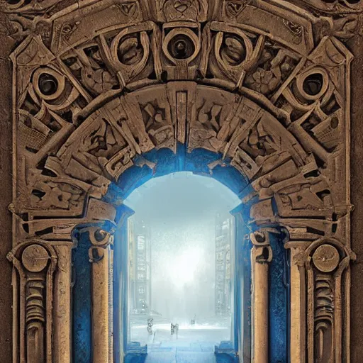 Prompt: carved futuristic door at the end of ancient ornate steps shows a large window to a city detailing the vast architectural scientific ancient and cultural acheivements of humankind, magical atmosphere, renato muccillo, jorge jacinto, andreas rocha, damian kryzwonos, ede laszlo, christian reiske, highly detailed digital art, cinematic blue and gold