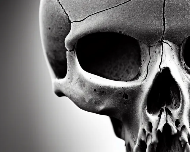 Image similar to An extreme close up photograph of a skull, dents, holes, macro photography, dof