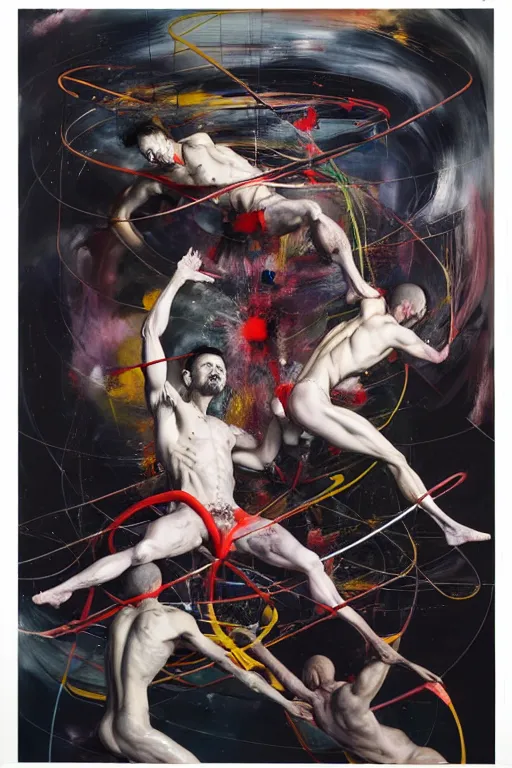 Image similar to muscular men entwined together, floating in space, zero gravity, inside a brutalist space ship, gothic, rich deep colours, painted by francis bacon, adrian ghenie, james jean and petra cortright, part by gerhard richter, part by jenny saville, part by takato yamamoto. 8 k masterpiece