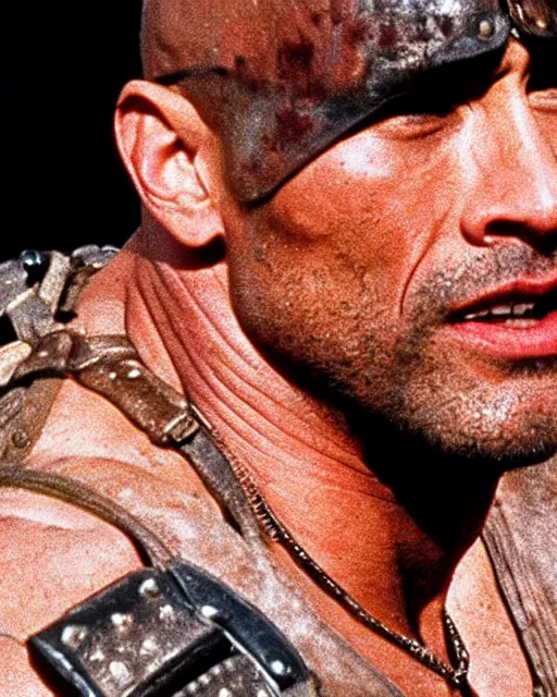 Prompt: film still close up shot of dwayne johnson as max rockatansky in the movie mad max 2 the road warrior. photographic, photography