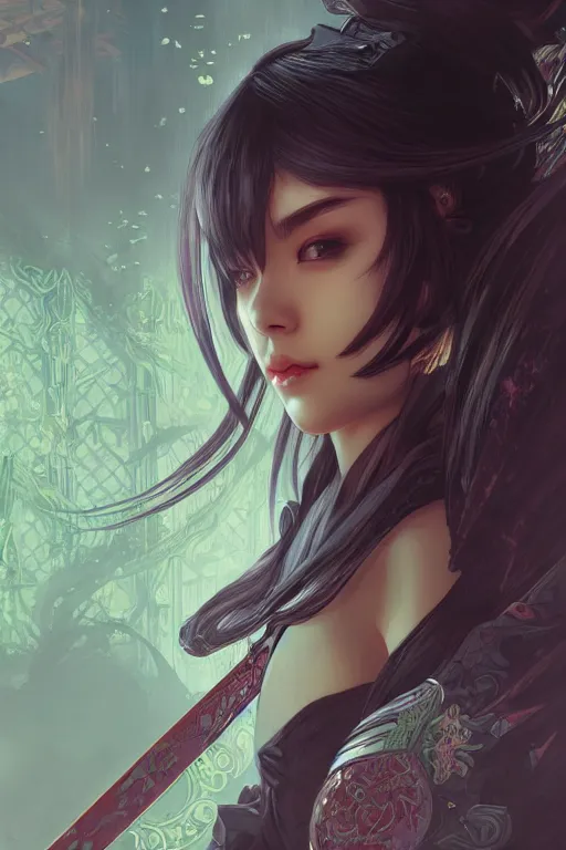 Image similar to portrait Ninja gaiden girl, ninja wardrobe, in ruin japanese rainny temple night, ssci-fi and fantasy, intricate and very very beautiful and elegant, highly detailed, digital painting, artstation, concept art, smooth and sharp focus, illustration, art by tian zi and WLOP and alphonse mucha