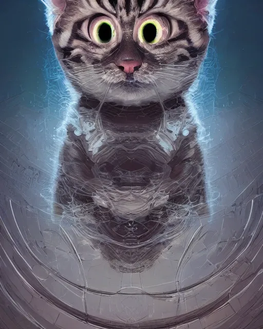 Image similar to portrait of funny giant cute eyes kitten, intricate abstract. intricate artwork, by tooth wu, wlop, beeple, dan mumford. concept art, octane render, trending on artstation, greg rutkowski very coherent symmetrical artwork. cinematic, key art, hyper realism, high detail, octane render, 8 k, iridescent accents