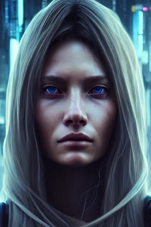 Image similar to a portrait of a beautiful 28th century super cool post-human female with long hair, barely human and largely biomechanical cyberpunk, hyper-realistic, very detailed unreal engine, by Artgerm, WLOP and Ross Thran, dramatic cinematic lighting rendered by octane, 8k, detailed, trending on artstation, deviantart google images, pinterest