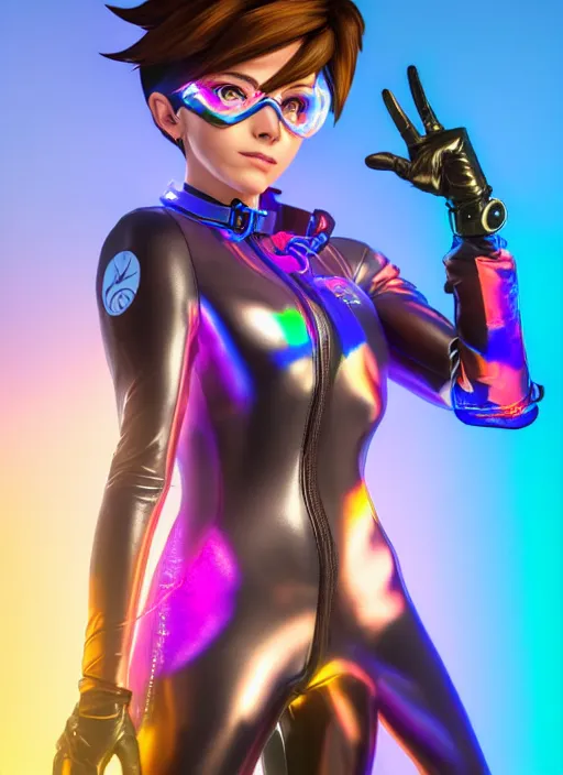 Image similar to portrait bust digital artwork of tracer overwatch, wearing iridescent rainbow latex and leather straps catsuit outfit, 4 k, expressive happy whistling face, makeup, in style of mark arian, angel wings, wearing detailed leather collar, chains, black leather harness, detailed face and eyes,