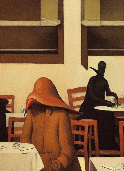 Image similar to plague doctor sitting at a crowded restaurant Edward Hopper and James Gilleard, Zdzislaw Beksinski highly detailed