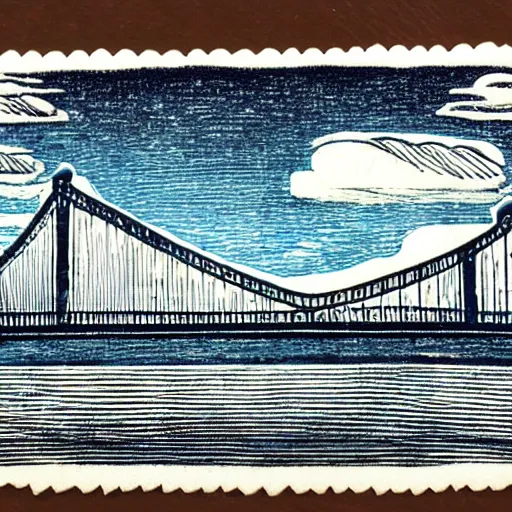 Image similar to small iron suspension bridge built in 1 9 2 8, side view, puffy clouds in background, woodcut style, rubber stamp, 8 k