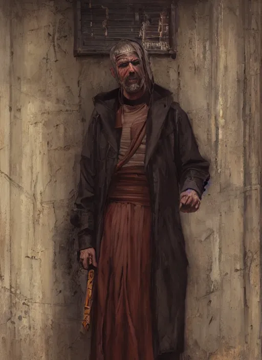 Image similar to cyberpunk beggar priest on streetcorner ( blade runner 2 0 4 9, cyberpunk 2 0 7 7 character design ). orientalist portrait by john william waterhouse and james gurney and theodore ralli and nasreddine dinet, oil on canvas. cinematic, hyper realism, realistic proportions, dramatic lighting, high detail 4 k