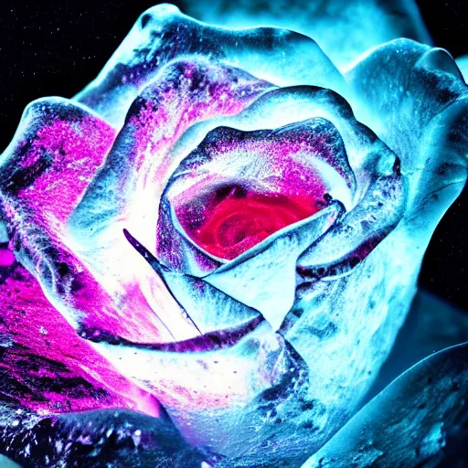 Image similar to award - winning macro of a beautiful crystal rose made of molten magma and nebulae on black background by harold davis, highly detailed, inner glow, trending on deviantart, artstation and flickr, nasa space photography, national geographic