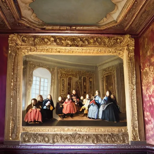 Image similar to a highly super quality oil canva family portrait in the main room of the castle painted in 1 6 5 6, dark room, one point of light coming through the window inspired by las meninas, clear spaces between each subject and good detail and realistic eyes, faces for each person in the canva, inspired by diego velasquez better quiality