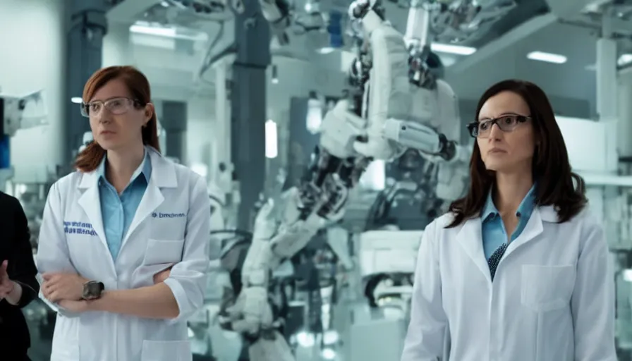 Image similar to big budget action movie about female scientist confronts male ceo about robot photographs