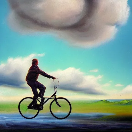 Prompt: A man riding his bicycle through the clouds in the sky, evokes feelings of wonder and amazement, an expressive oil painting by Wes Wilson