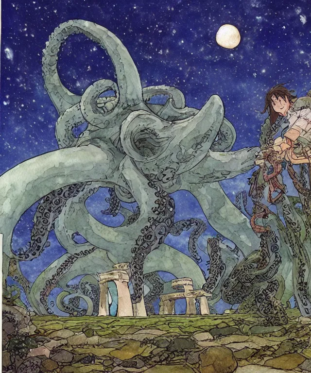 Image similar to a hyperrealist studio ghibli watercolor fantasy concept art. in the foreground is a giant grey octopus lifting and putting stones in to place on top of stonehenge with a starry sky. by rebecca guay, michael kaluta, charles vess