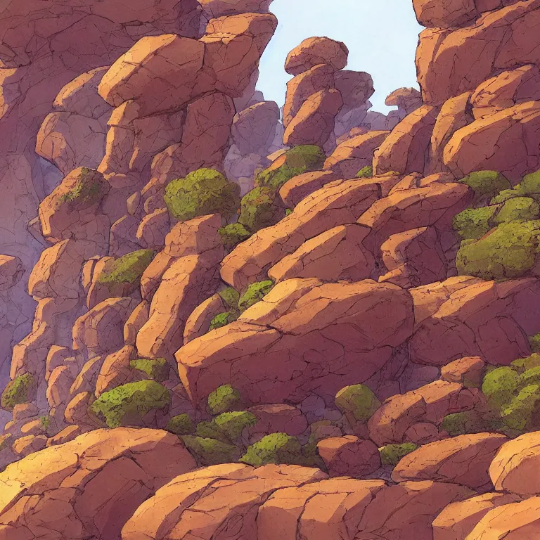 Prompt: bunch of different shapes and sizes of canyon rocks and arcs, concept art by jean giraud, featured on deviantart, environmental art, 2 d game art, concept art, artstation hq