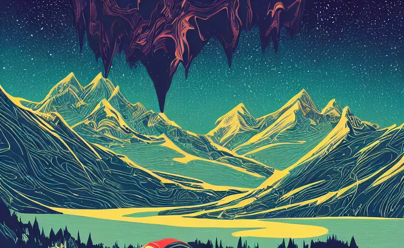 Prompt: mountains, stars and paisley filled sky, artstation, intricate, highly detailed, digital painting, concept art, sharp focus, illustration by Kilian Eng and James Gilleard