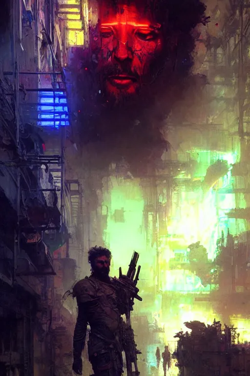 Prompt: the last human after the apocalypse, neon colours, depressing, extreme detail, portrait dnd, painting by gaston bussiere, craig mullins, greg rutkowski, yoji shinkawa