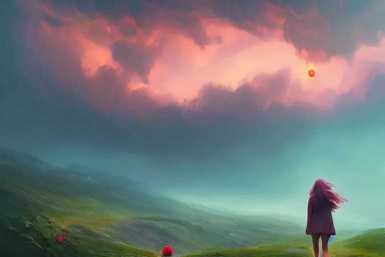 Image similar to giant dahlia flower as a head, girl walking on mountain, surreal photography, stars, dramatic light, impressionist painting, storm clouds, digital painting, artstation, simon stalenhag