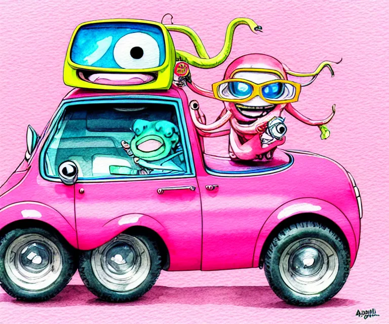 Image similar to cute and funny, pink colored squid wearing goggles riding in a tiny hot rod with oversized engine, ratfink style by ed roth, centered award winning watercolor pen illustration, isometric illustration by chihiro iwasaki, edited by range murata, tiny details by artgerm and watercolor girl, symmetrically isometrically centered