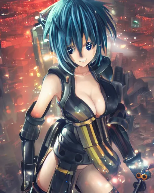 Image similar to full body image of anime girl in mechanic armor in night tokyo by makoto sinkai, perfect faces, fine details